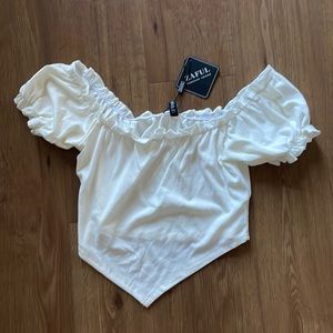 White ribbed crop top off the shoulder